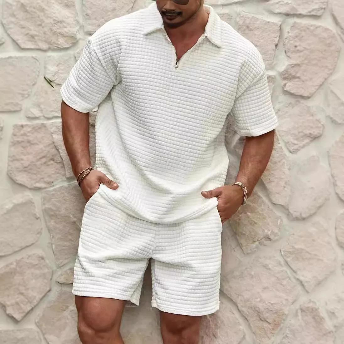 Summer Men's Set New Fashionable Style Simple Waffle Color Solid Color Collar Polo Shirt Short Sleeve Shorts Sports Set