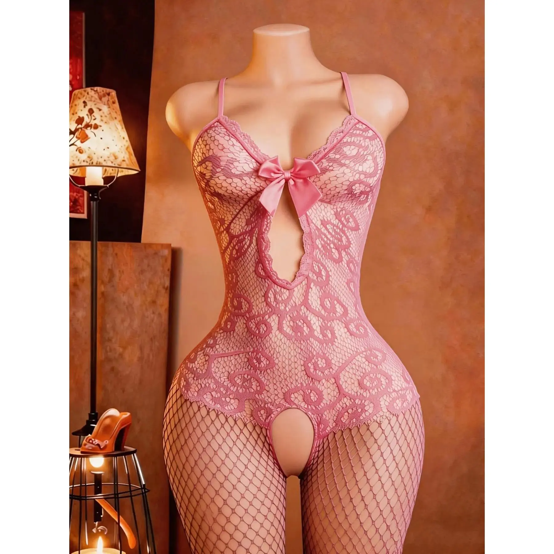 Women's Plus Size Nylon Mesh Jumpsuit - Plain Leisurewear Clothes with Transparent Sleeveless Shoulder Cutout, Elegant Embroidery, High Elasticity Babydoll Lingerie, Basic, Lady