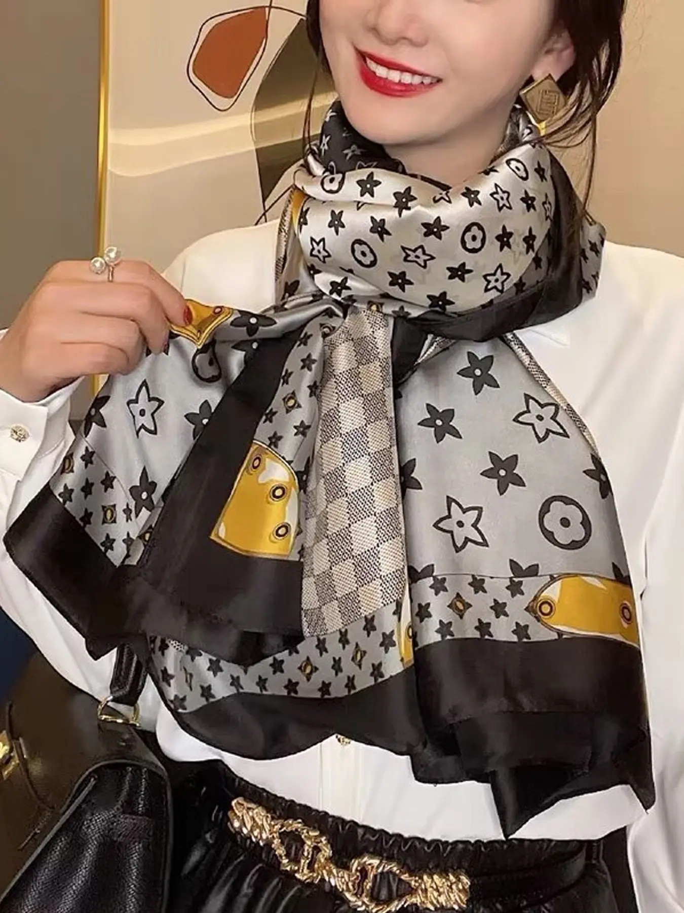 Retro Star Floral Satin Scarf, Ultra Glossy Silky Fabric, Mixed Checkboard & Belt Print, Neck Wrap, Headscarf, Shoulder Shawl, All Seasons