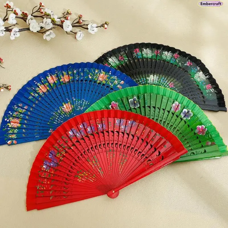 Folding Hand Fan for Women, Vintage Floral Print Silk and Wood, Portable Decorative Accessory for Dance, Wedding & Living Room Gifts, Ornaments, Indoor, Hollow, Lightweight, Wedding Hand Fans, Office Decor