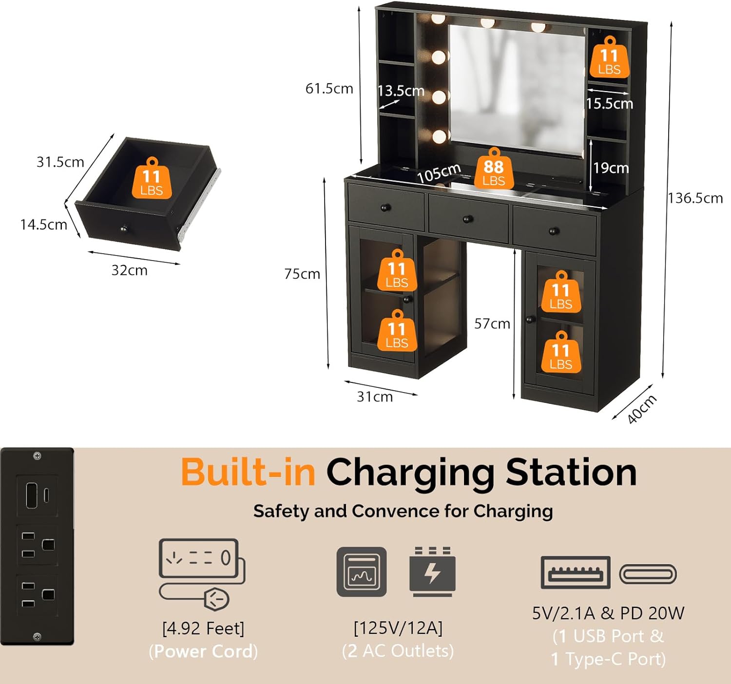 VINGLI Vanity Desk with Mirror and Lights, Glass Top Makeup Vanity Table w/Glass Lighting Cabinets & Power Outlets & Hairdryer Holder, 54in Dressing Table, Gifts for Girls VINGLI Vanity Desk with Mirror and Lights, Glass Top Makeup Vanity Table w/Glass Lighting Cabinets & Power Outlets & Hairdryer Holder, 54in Dressing Table, Gifts for Girls