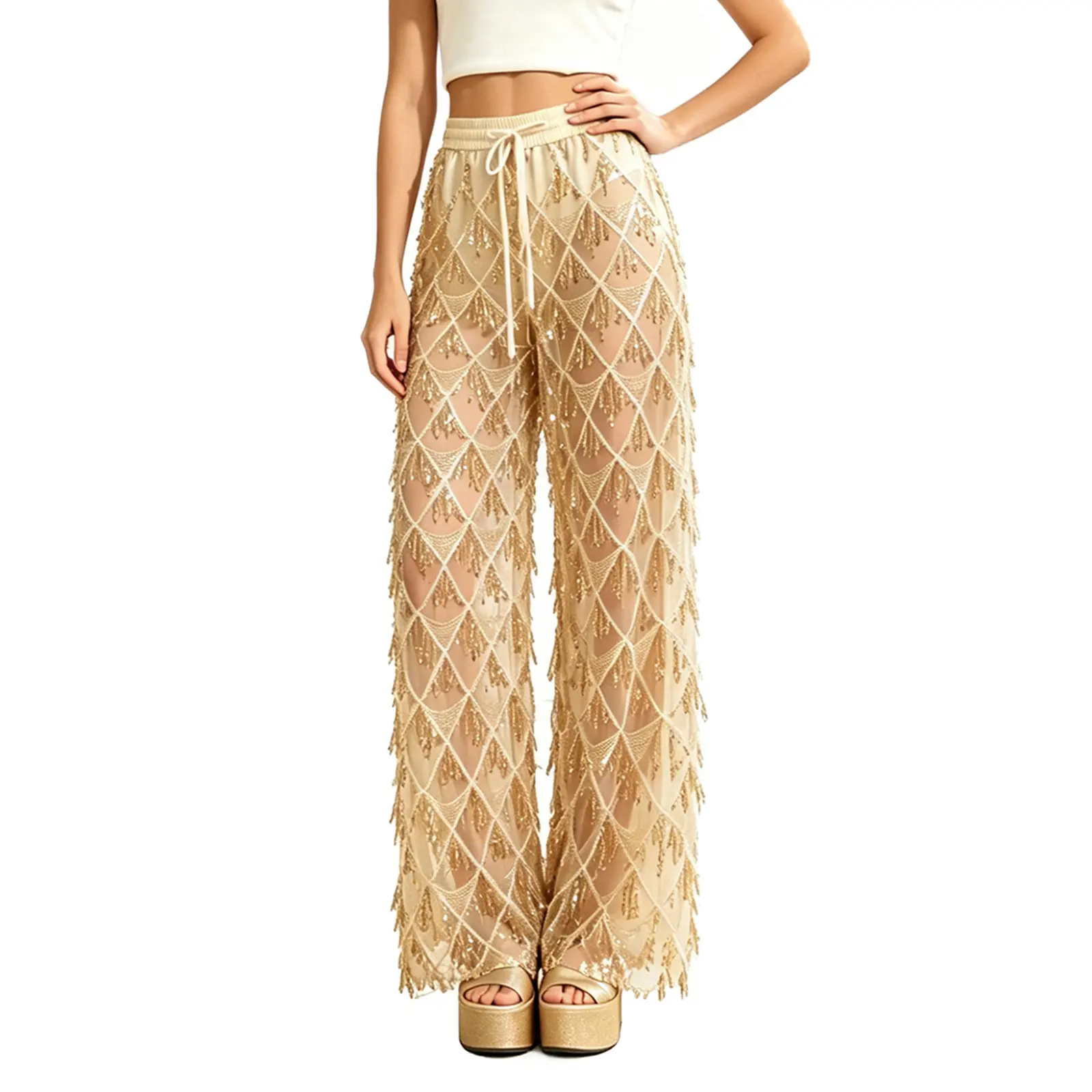 Women's Baggy Oversized Wide Leg Sequins Sheer Long Pants - Elastic Waist Streetwear Party Bottoms