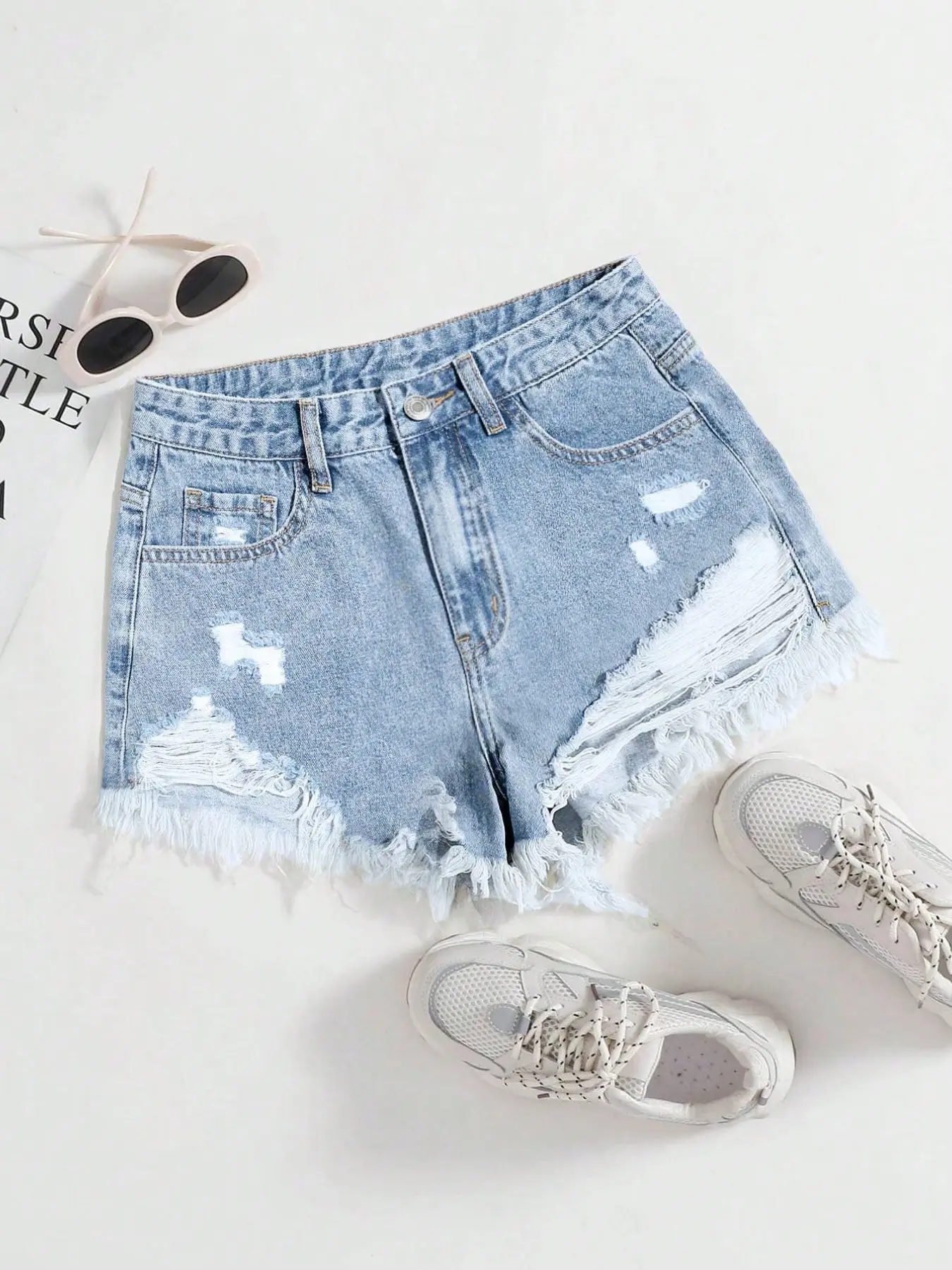 Women's High Waist Comfortable Super Short Pants, Slim Fit Ripped Hem Vintage Design, Casual Home Wear Blue Washed Denim Jean Shorts, Frayed Hem Shorts