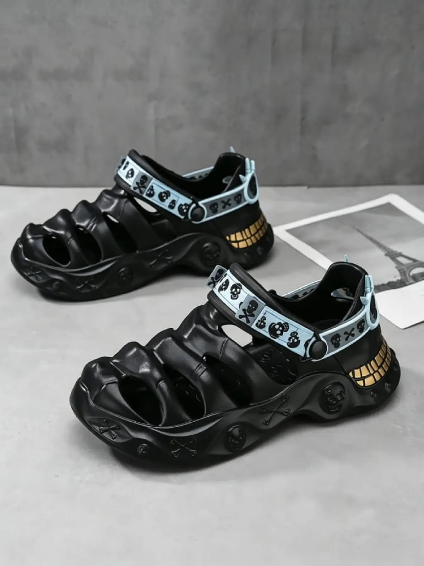 1 Pair Men Mecha Skull Closed Toe Water Clogs | Unique Tech Casual Style, Full Hollow Quick Drain Anti-collision Toe, 3D Skull Embossed Platform Grippy Outsole Multi Colors For Tide Pool Walking School Street