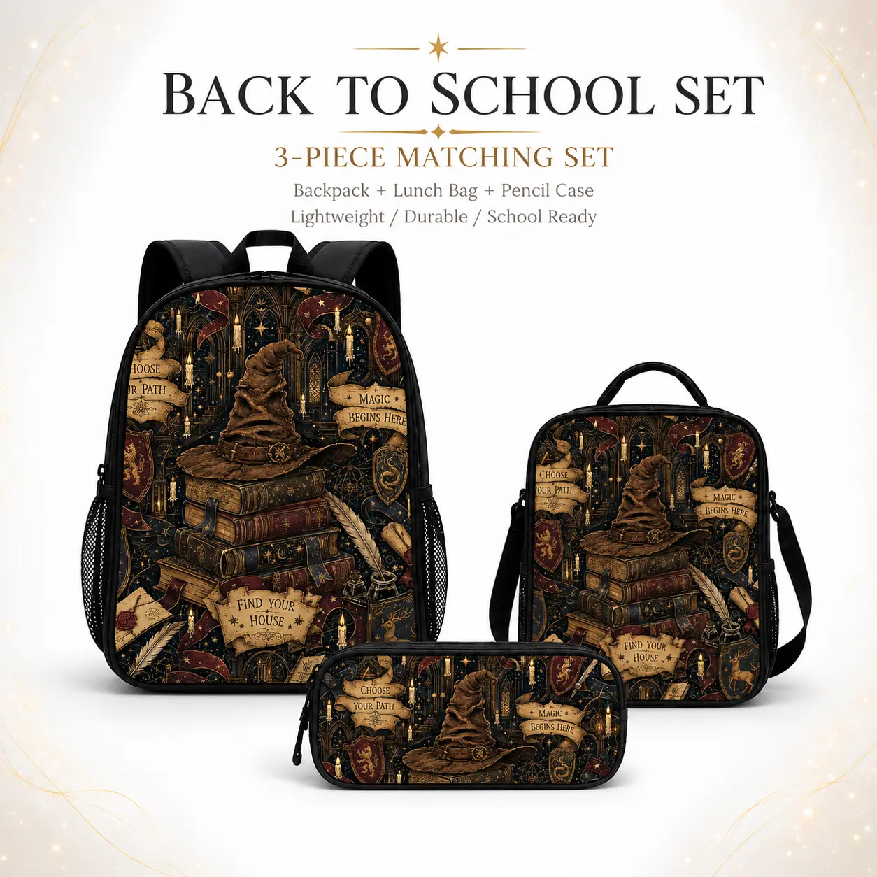 [Warner bros]Harry Potter 3-Piece Backpack Set, School Backpack, Lunch Bag, Pencil Case, Back to School Matching Set, Hogwarts Magic Print Large Capacity Lightweight Bookbag for Kids, Teens & Students,bookbag,school backpack, multiple style,casual