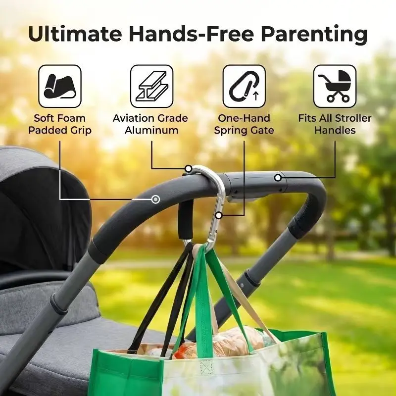Aluminum D-Ring Carabiner with Soft Sponge Grip, Multi-Functional Stroller Hook, Essential Travel Accessory for Moms, Stroller Accessories