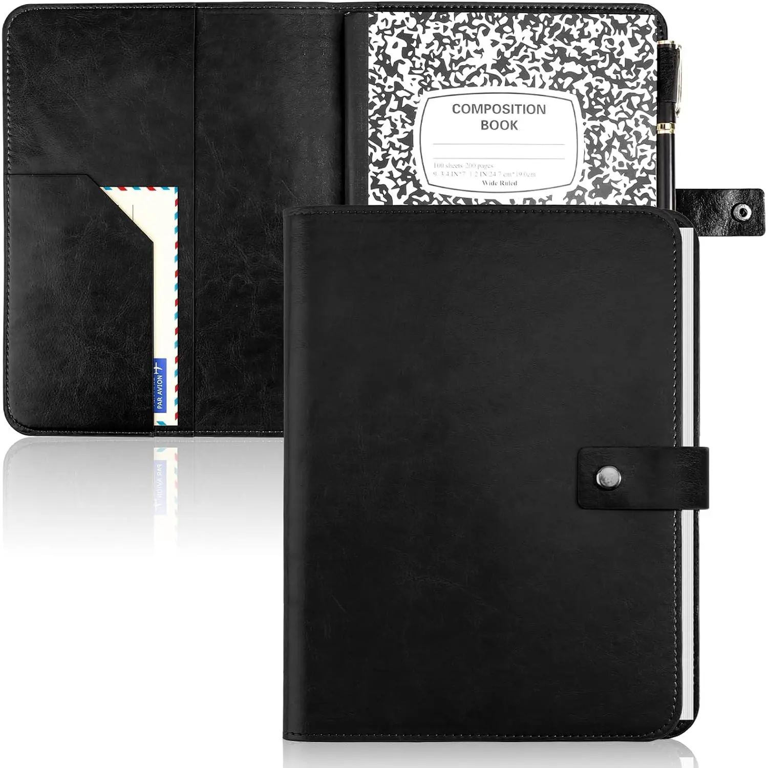 PU Leather Composition Notebook Cover 9 3/4 X 7 1/2 in With Composition Book 100 Sheets  Rustic Distressed PU Leather Journal Notebook Cover Portfolio For School Office  (Black)