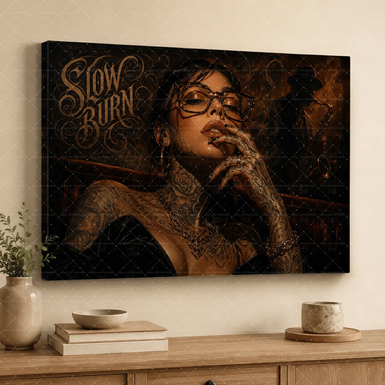 Slow Burn" Noir Jazz Canvas Wall Art, Tattooed Woman Print, Moody Dark Academia Aesthetic, Living Room Bedroom Office Decor, Statement Tattoo Lover Poster Gift,wall decor,poster.