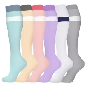 6 Pairs Pastel Two-Stripe Calf-Length Compression Socks Made of Premium Nylon Fabric, Stretchy Essential Staple for Summer Daily Wear to Improve Leg Circulation for Men and Women