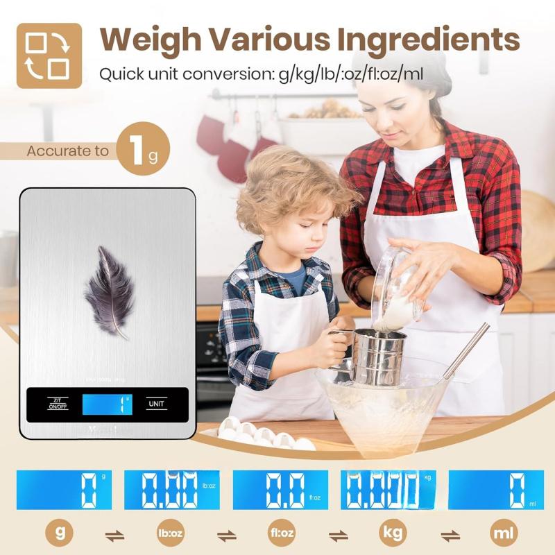 Food scale, 11-pound kitchen scale, with an accuracy of 0.05 ounces/1 gram, featuring 6 weighing units and a LCD display, stainless steel digital scale, suitable for baking, cooking, an