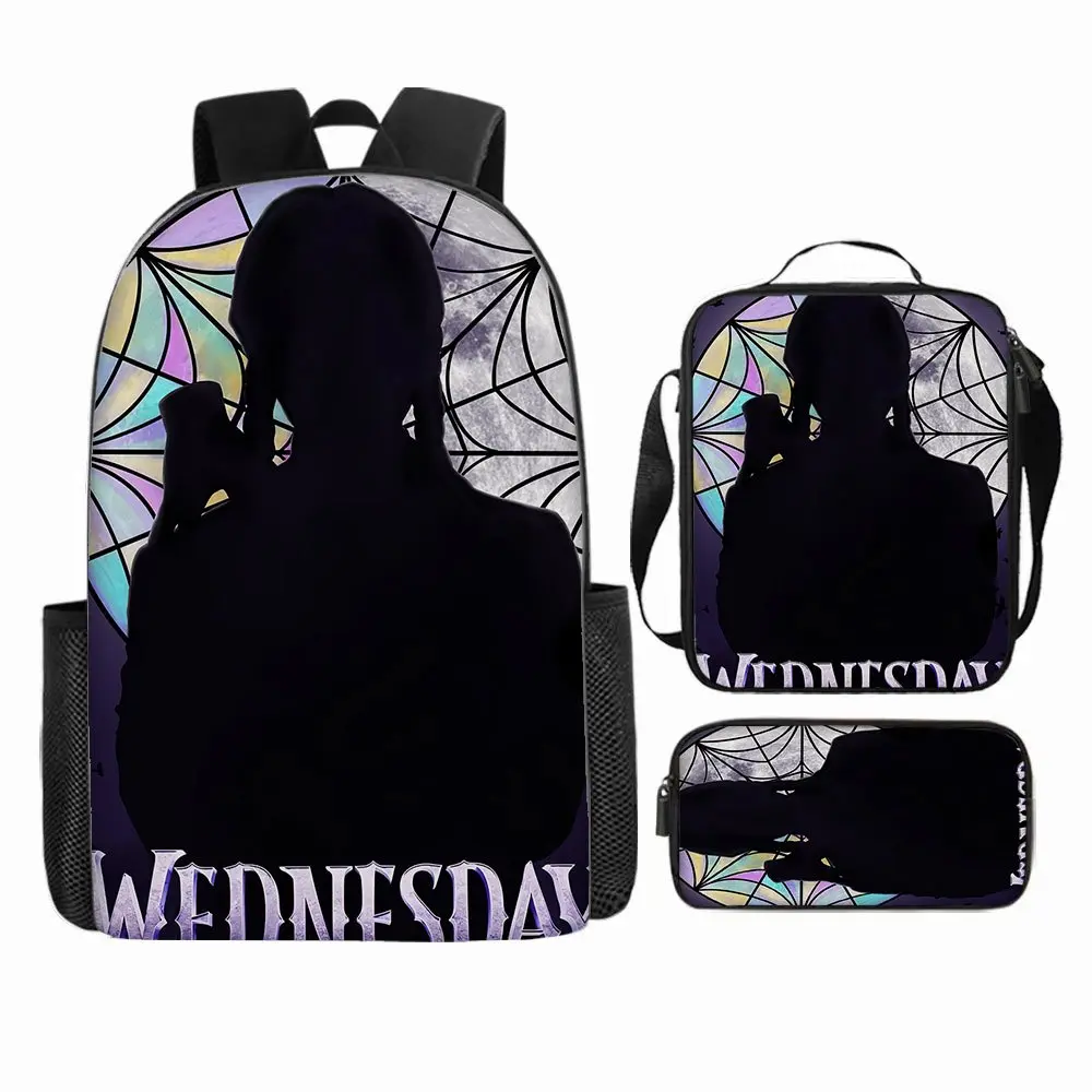 Wednesday Addams silhouette stained glass black background three-piece school bag set, including a backpack, insulated lunch bag, and stationery storage bag, for daily use by teenagers