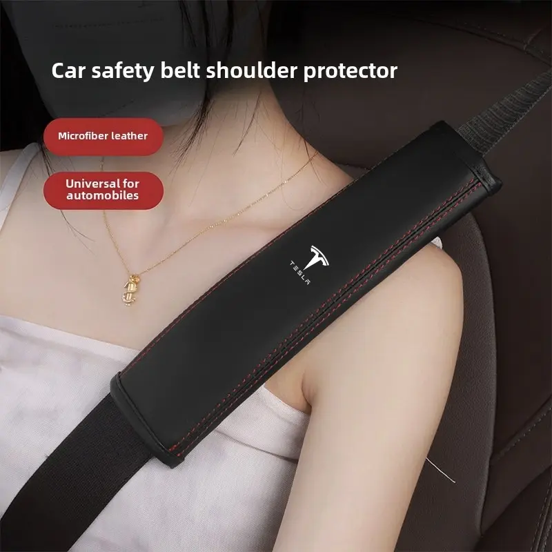 Car Seat Belt Cushion Safety Belt Leather Shoulder Protector Pad For Tesla Model 3 Model X S 2016-2023  Model Y Decals TM3 TMX TMS