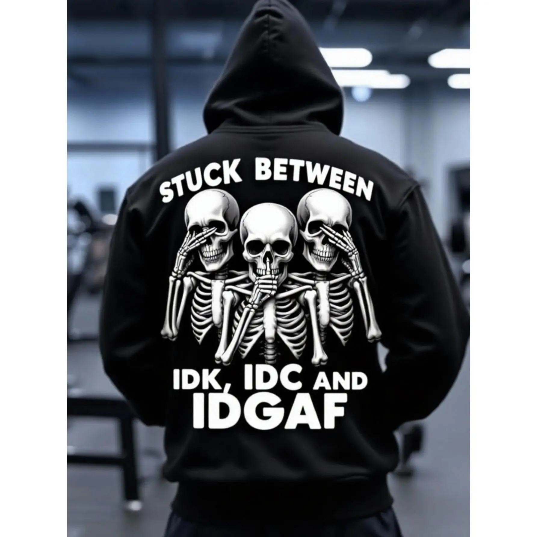Men's Oversized Hooded Sweatshirt with IDK IDC Relatable Apathy Slogan & Skull Back Print - Plus Size S-3XL (Unisex Fit) |   Casual Long Sleeve Hoodie, All-Season, Machine Washable Streetwear for IDGAF Style