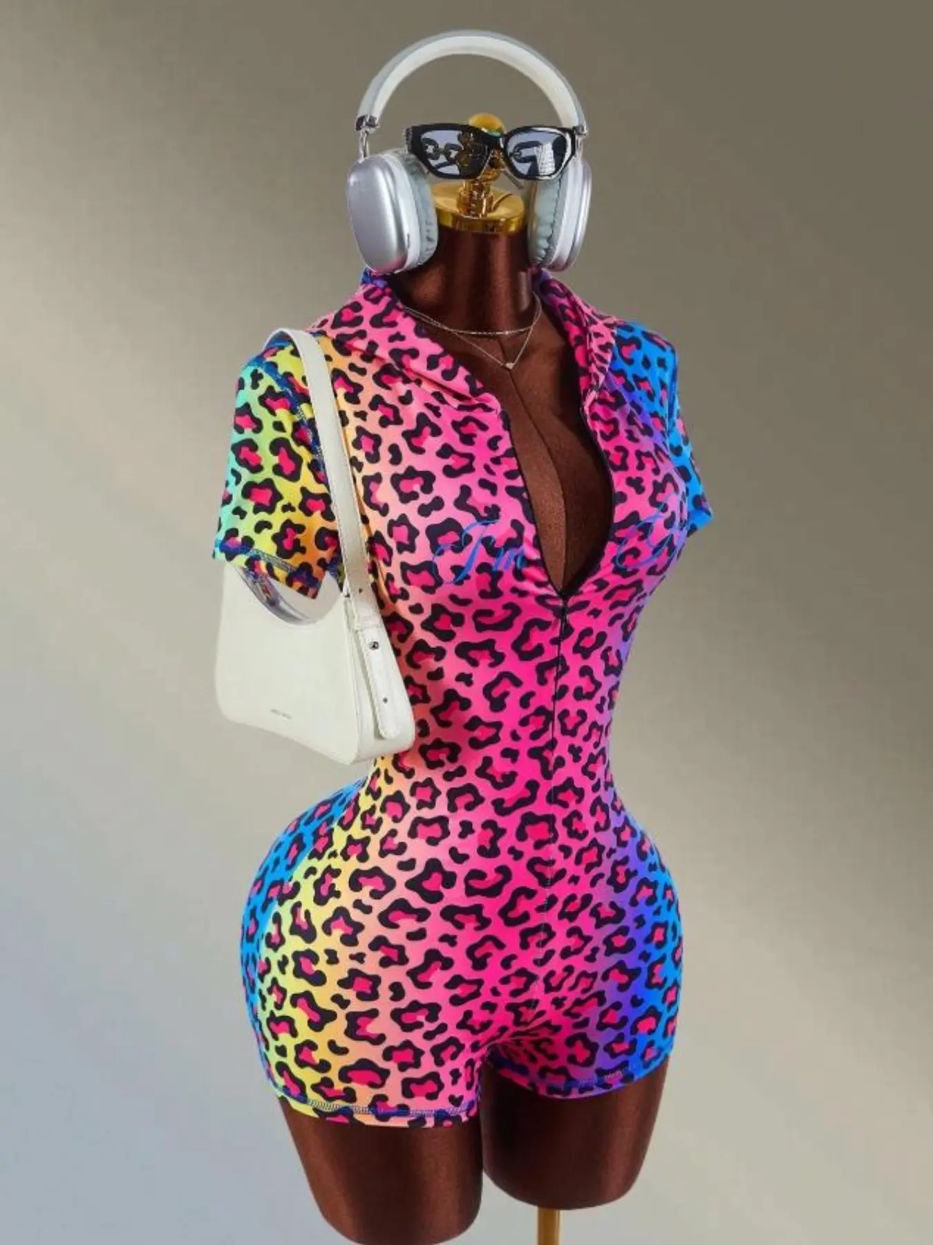 Women's Multicolor Gradient Leopard Print Romper, Short Sleeve Collared Slim Fit, Summer Casual, Trendy Fashion Wear