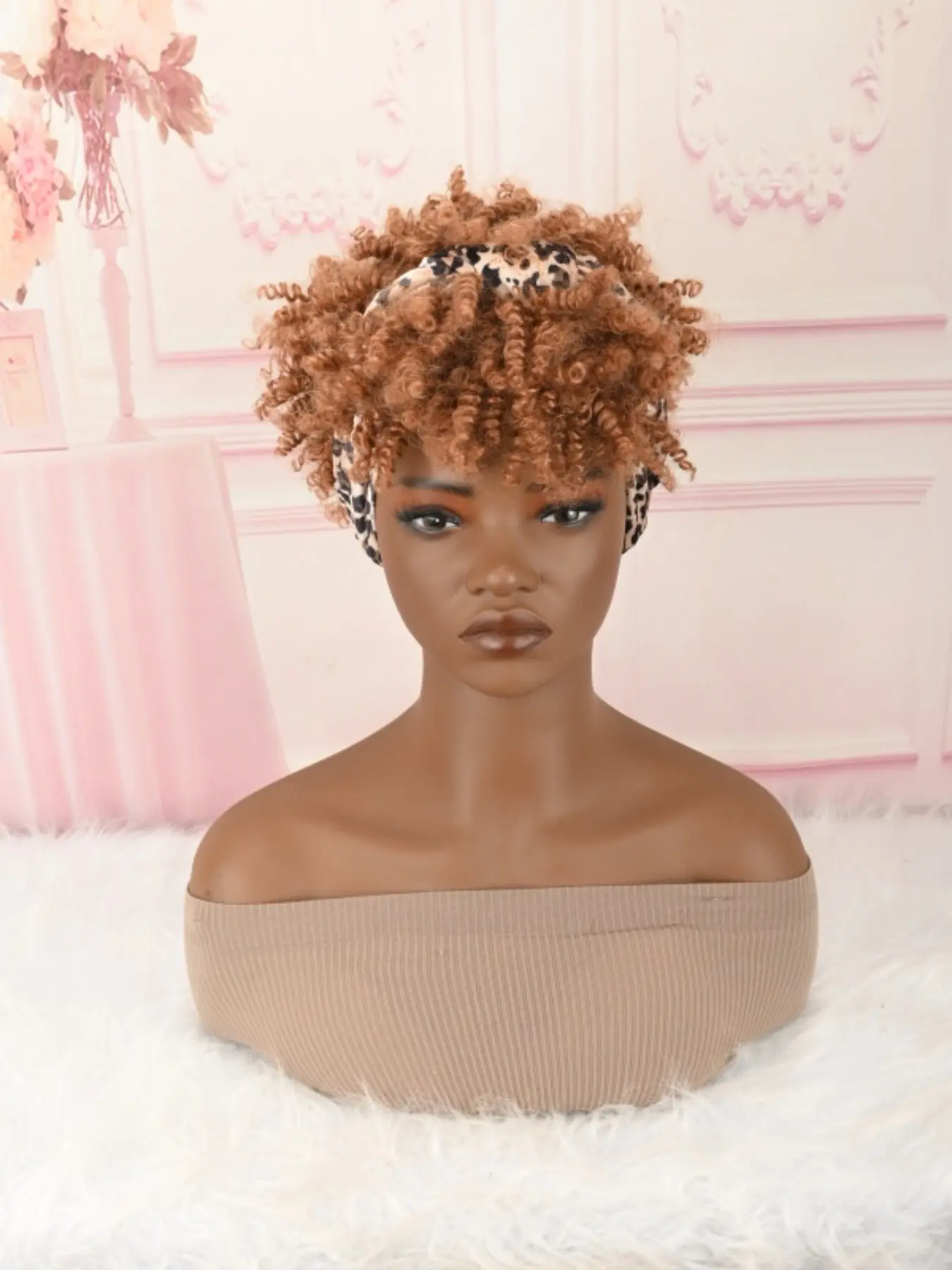 Curly Hair Wig with Fringe, Leopard Print Hair Band, Small Curly Hair Lady's Wig, Stylish and Trendy Accessory