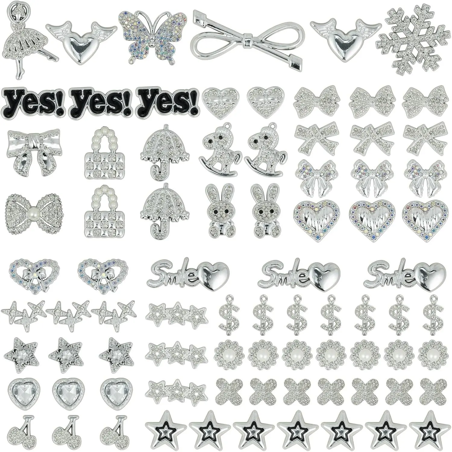 DoDoBeads 80 Pcs Big Junk Charms Bulk, Bling Flat Back Charms for Junk Socks, Silver Rhinestone Charm for Socks, Hearts, Bows, Stars, Bunnies, and More Cute DIY Decorations