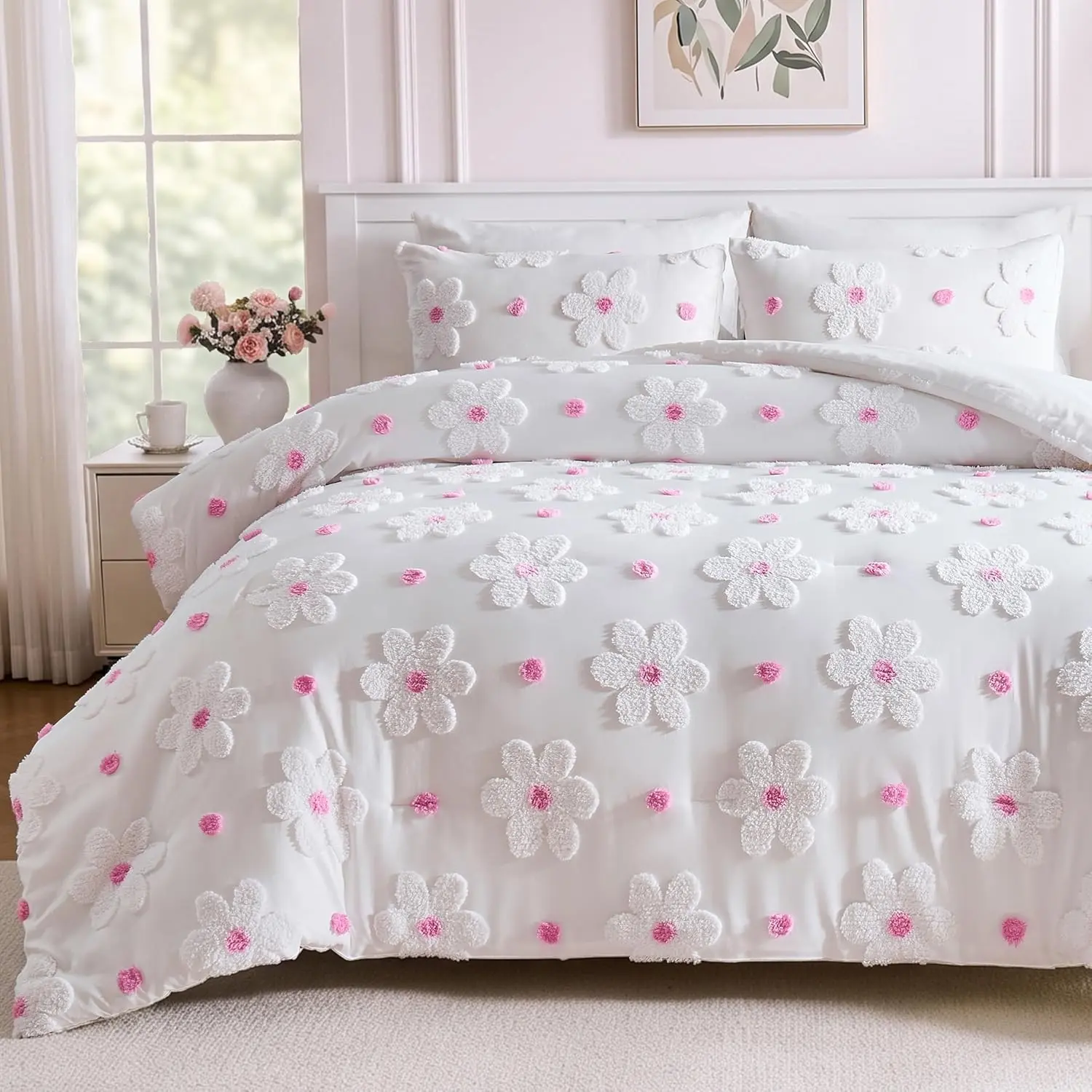 Twin Size Comforter Set for Girls - Pink Tufted Daisy Floral Bedding Set