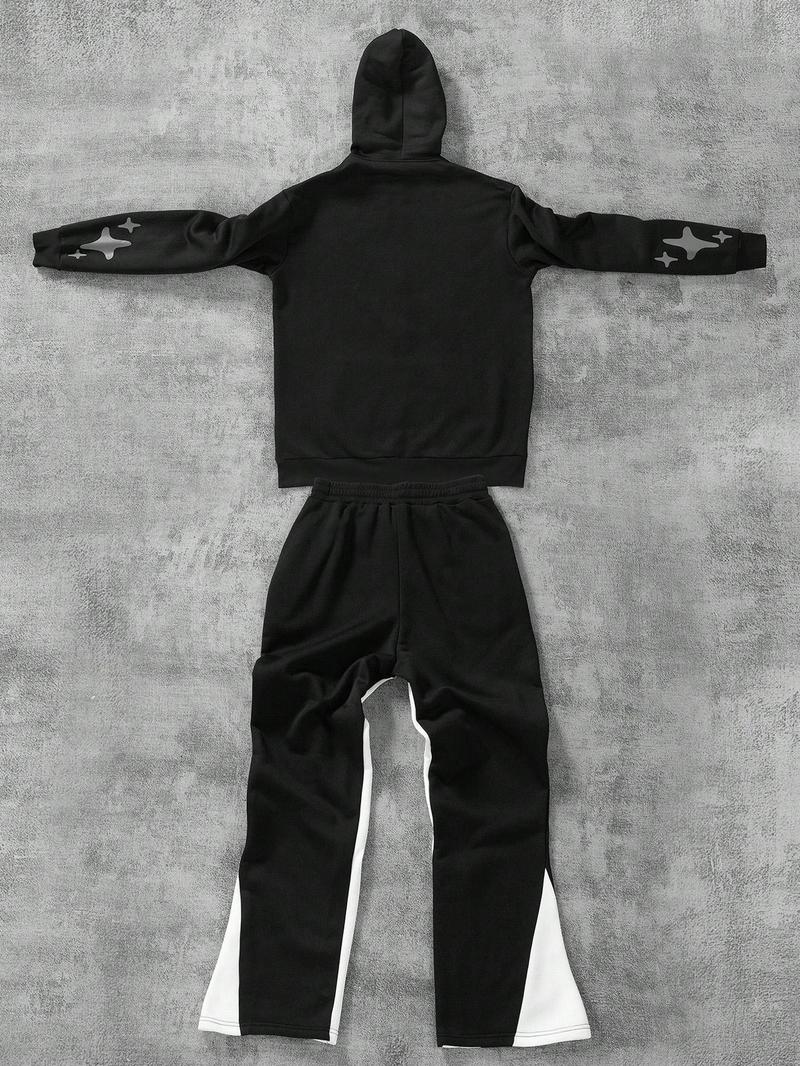 Men's Colorblock Star & Slogan Graphic Print Zip Up Sweatshirt & Drawstring Waist Sweatpants Set, Regular Fit Casual Streetwear Long Sleeve Hooded Sweatshirt & Pocket Flare Leg Pants, Men's Two-piece Outfits for Daily Wear, Sets for Men Clothing