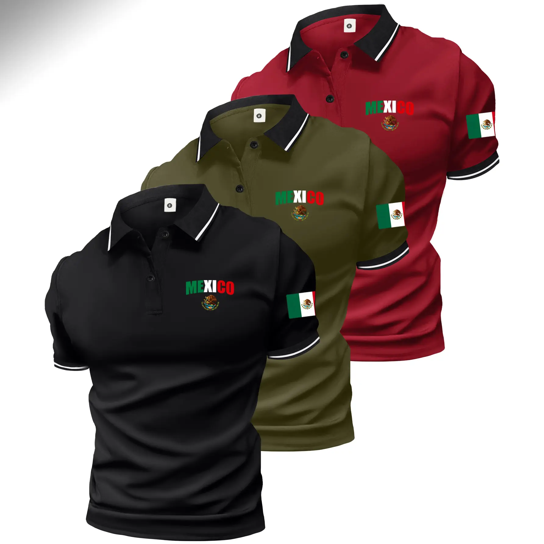 3-pack men’s summer cotton short-sleeve polo shirts with Mexico flag theme, Mexico flag print, classic retro style, lightweight versatile sports casual outdoor fashion golf apparel, trendy black short sleeves