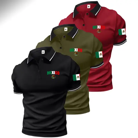 3-pack men’s summer cotton short-sleeve polo shirts with Mexico flag theme, Mexico flag print, classic retro style, lightweight versatile sports casual outdoor fashion golf apparel, trendy black short sleeves