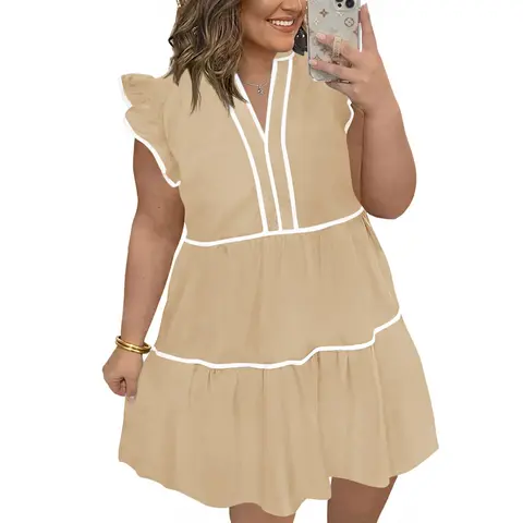 TANKANEO Women’s Plus Size V-Neck Cotton A-Line Basic Ruffle Short-Sleeve Voluminous Tiered Mini Dress - Loose Cut for Free Movement, Casual Chic Dress with V-Neck Elegance