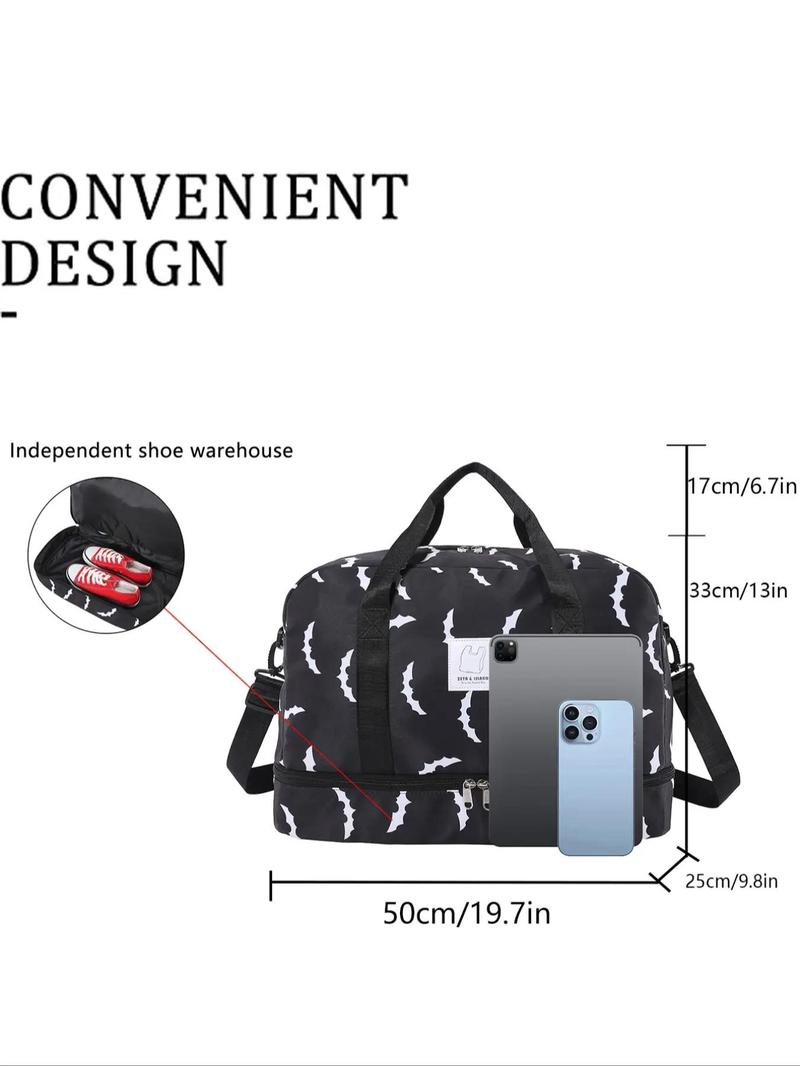 Durable Bat Pattern Travel Bag, Travel Duffle Bag, Large Capacity Travel Bag with Shoe Compartment, Lightweight Carry on Luggage Bag for Sports Gym, Yoga Handbag, Valentine's Gifts for Her