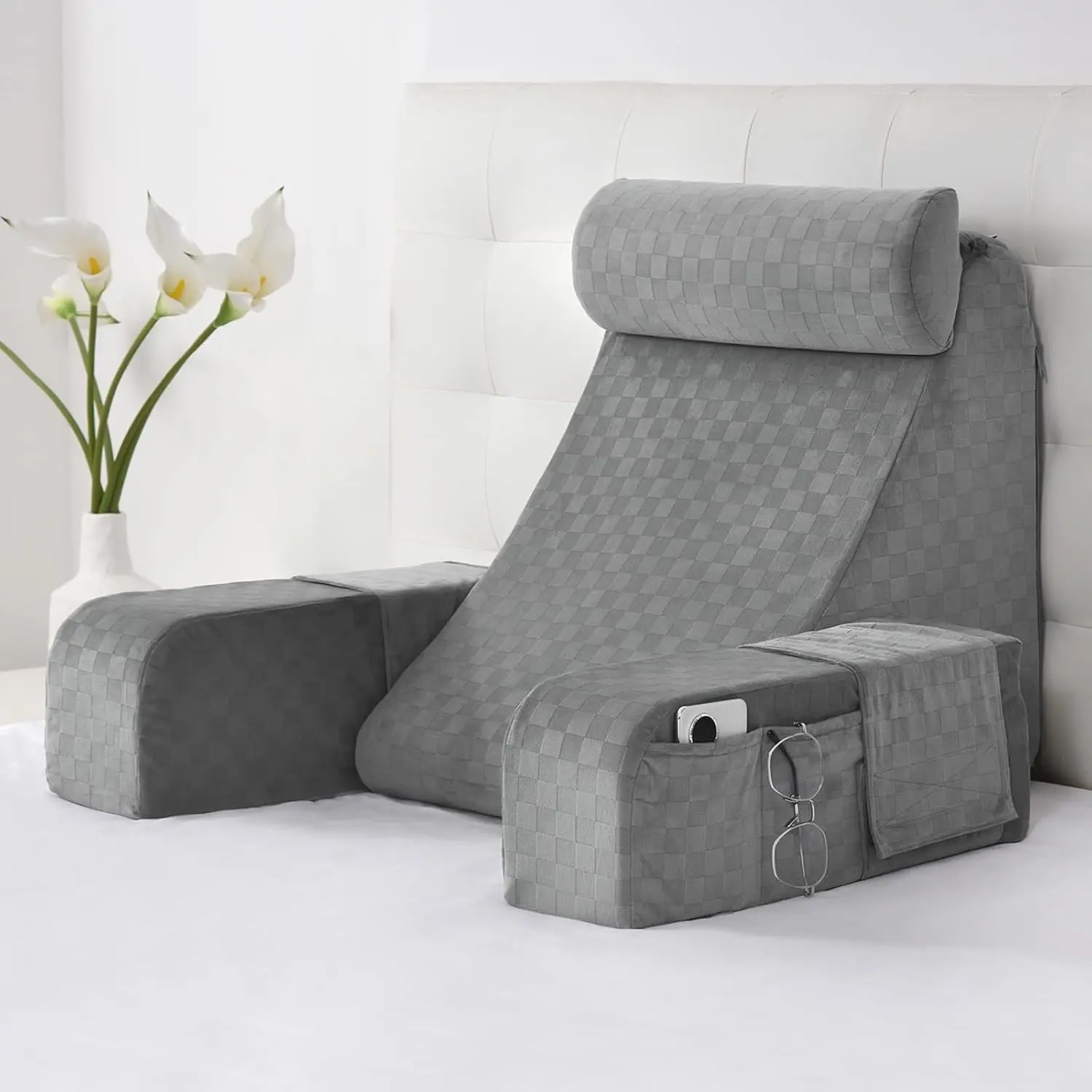Polyester Ergonomic Wedge Shape Reading Pillow for Adults - 45° Supportive Bedroom Back Support Chair, XL Side Pockets, 19in, Ideal for Relaxation, Working, Great Gift Idea