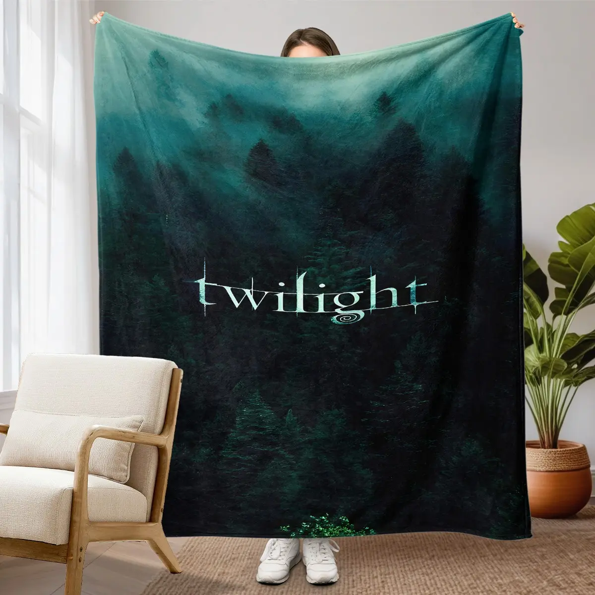 1pc Twilight Forest Flannel Fleece Throw Blanket, Dark Woodland Print with Misty Trees, Fantasy Night Forest and Gothic Aesthetic Design, Soft Cozy Warm Lightweight Blanket for Sofa Bed Office Travel Camping Birthday Christmas Gift