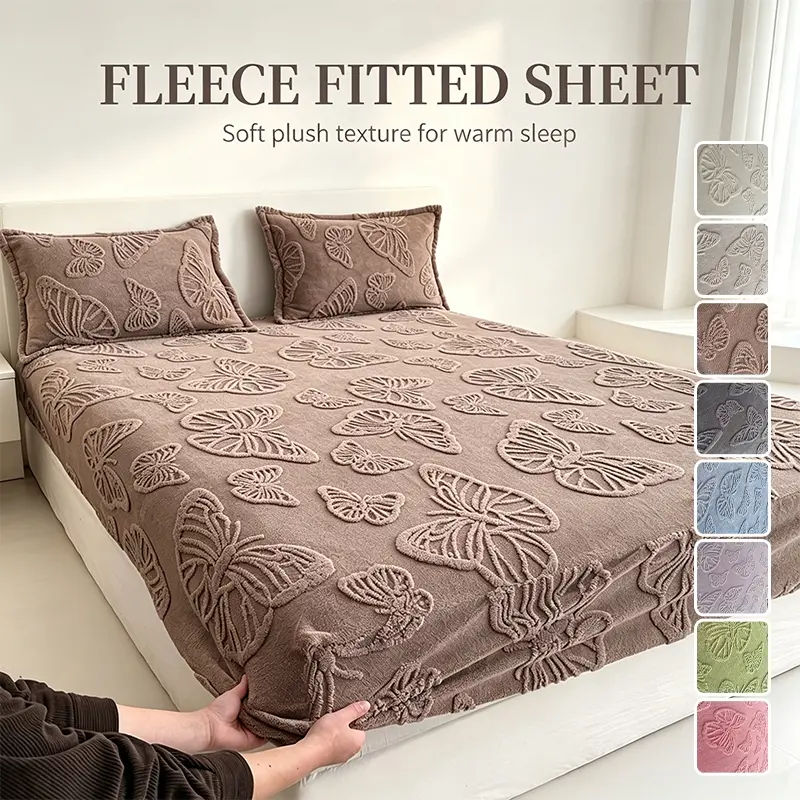 Butterfly Tufted Fleece Fitted Sheet with Matching Pillow Covers, Thick Cozy Warm Fluffy Mattress Liner, All-Around Elastic Deep Pocket Design for Bedroom Night Rest, Dorm & Guest Room Winter Decor