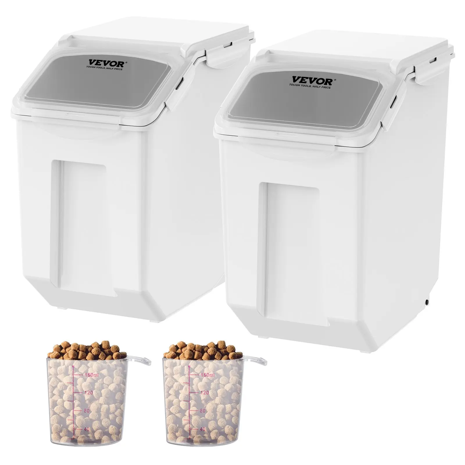 【DealsForYouDays】VEVOR Ingredient Storage Bin, 2x 15L Dispenser Bin with 2 Measuring Cups, Attachable Casters and Airtight Lid, 2 Pcs/Set Dog Pet Food Storage Container, PP Material Kitchen Rice Cereal Flour Bin