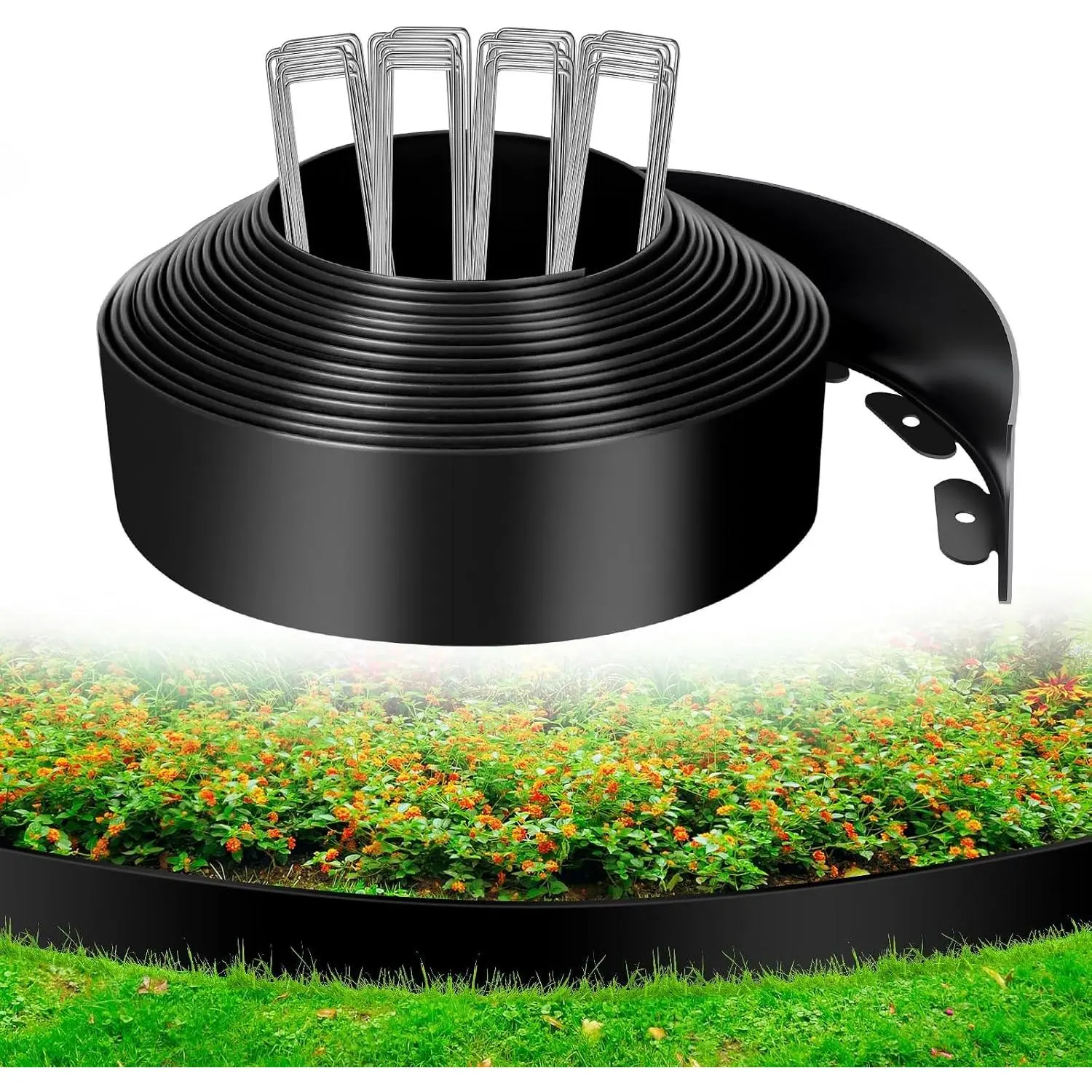 4IN x 33FT Landscape Edging, Garden Edging Borders with 40pcs Metal Stakes, Flexible Plastic Garden Border for Lawn, Landscaping, Flower Beds, Trees and Yard