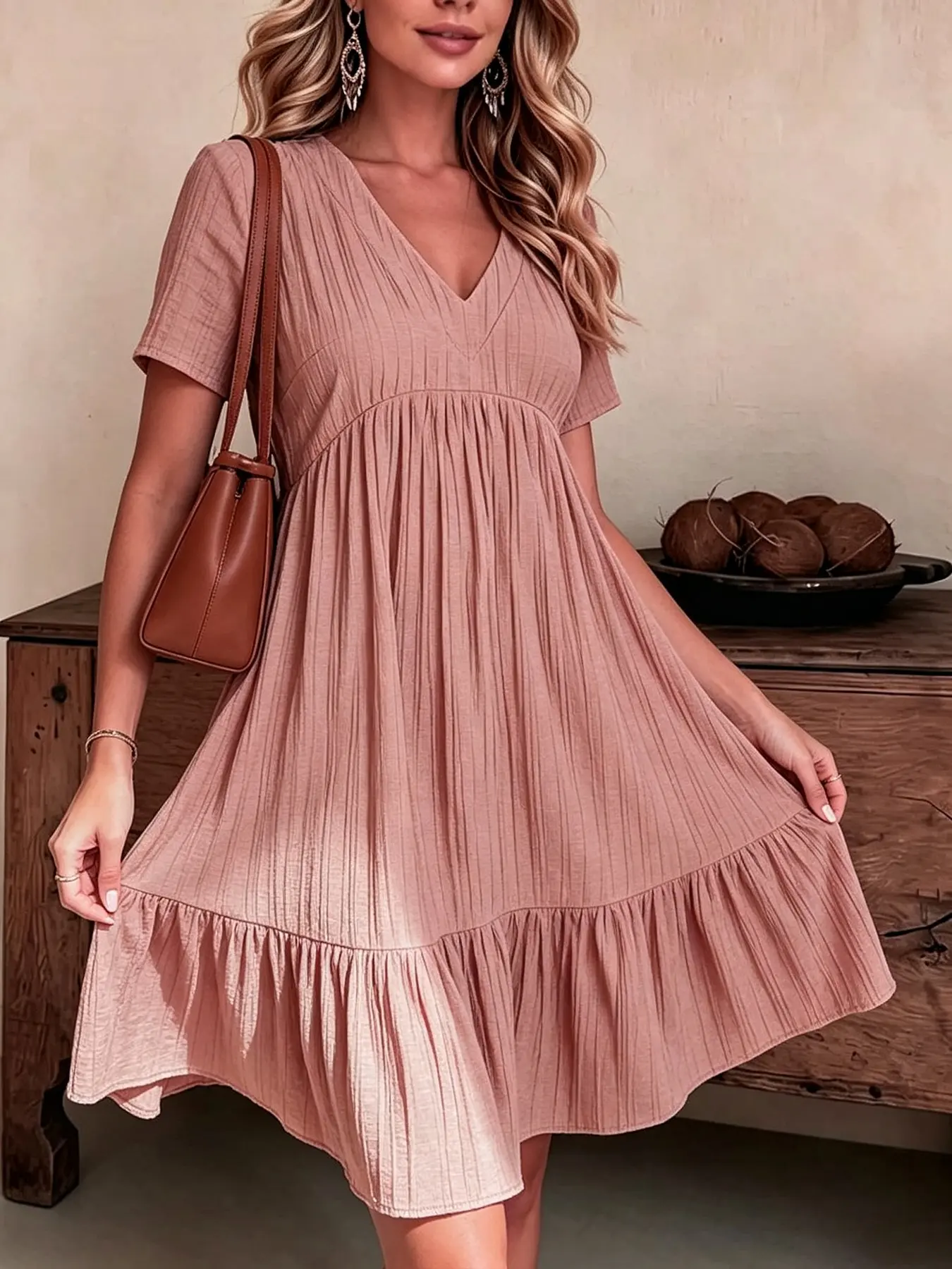 A fashionable women's V-neck short-sleeved pleated texture loose ruffled dress, Casual Beach Sundress, suitable for summer, perfect for daily commutes, casual outings, dates, and beach vacations