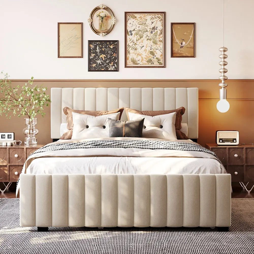 Velvet Solid Standard Queen Size Wood Platform Bed with Twin XL Trundle, 84.6" L x 64.6" W x 46.1" H, 500 lb Capacity, No Box Spring Needed, Durable, Clean Lines, Assembly Required, Ideal for Master/Guest Rooms