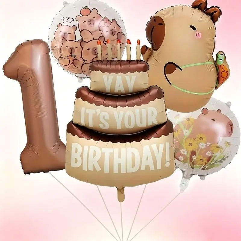 7-Piece Capybara Birthday Balloon Set, Balloon Decorations Kit, Includes 32-Inch Chocolate Number Mylar Balloons, Suitable for children's birthday decorations, forest-themed or picnic-themed parties, capybara IP-themed events
