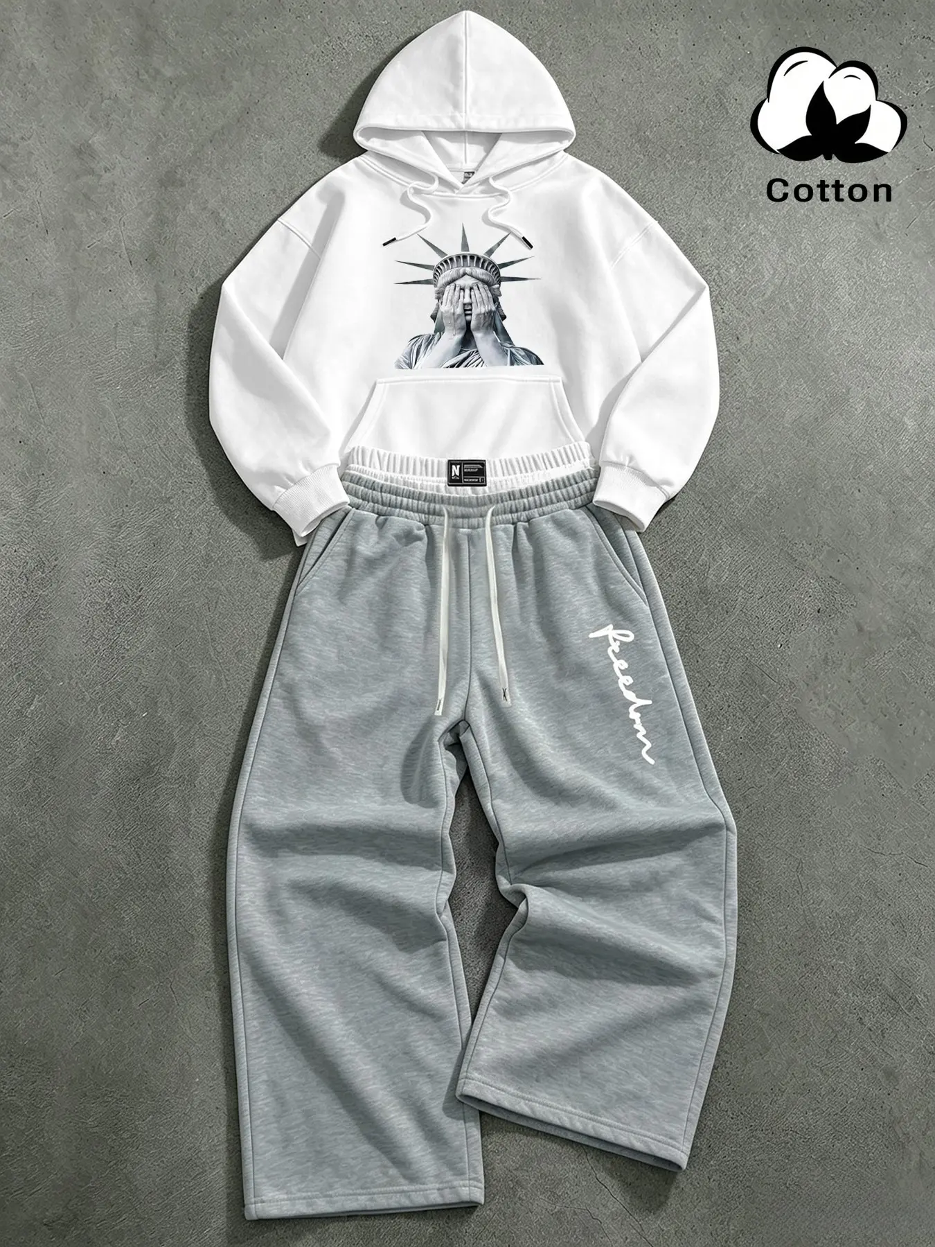 Loose Fit Statue of Liberty Print Sweatshirt Set, Cotton Drawstring Waist Wide Leg Pants, Unisex Casual Street Style, Spring & Fall