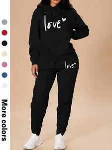 Women's Letter Print Hooded & Sweatpants Set, Casual Long Sleeve Pullover Hooded & Jogger Pants, Women's Fall & Winter Clothes for Daily Wear