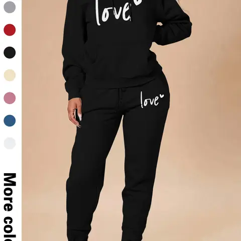 Women's Letter Print Hooded & Sweatpants Set, Casual Long Sleeve Pullover Hooded & Jogger Pants, Women's Fall & Winter Clothes for Daily Wear