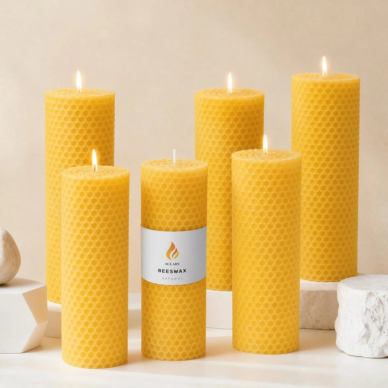 6-Pack 2x6 Pure Beeswax Pillar Candles, Hand-Rolled Honeycomb Texture| Dripless & smokeless.Natural honey aroma.Ideal for meditation, altars & home decor.Long burn time.Pure cotton wick