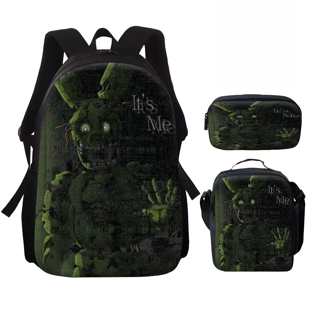Durable Water Resistant 3-Piece Backpack Set for Kids, Lightweight School Bag with Lunch Box, Dark Glitch Background Five Nights at Freddy’s Springtrap "It’s Me" Horror Graphic Print, Spacious 15in Laptop Pocket & Soft Breathable Padded Straps