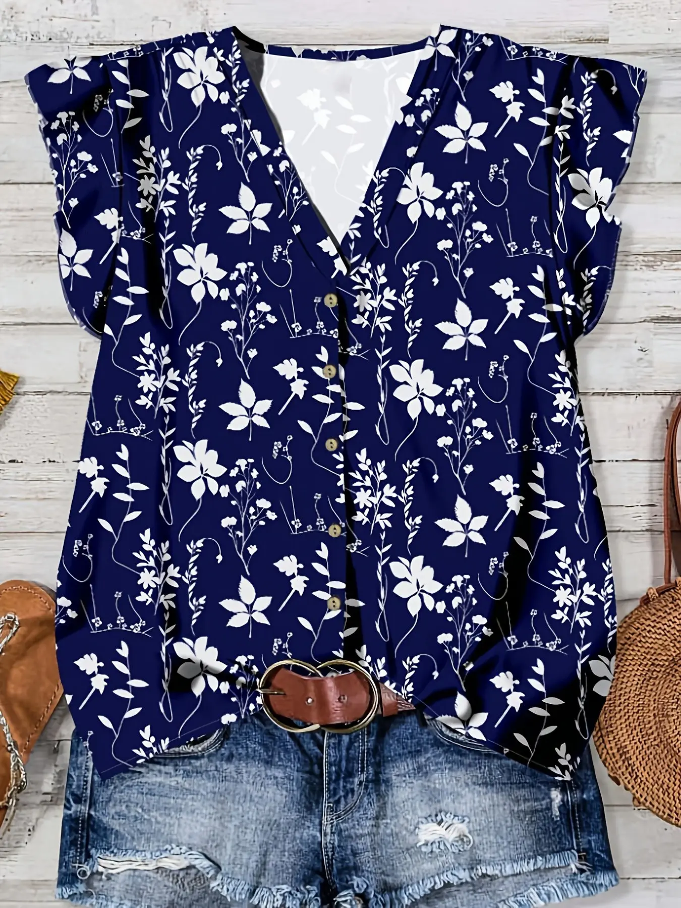 Women's Casual Floral Pattern V-Neck Short Shirt, Perfect for Spring Summer Autumn, Fashionable Women's Clothing, Ladies' Stylish Blouse