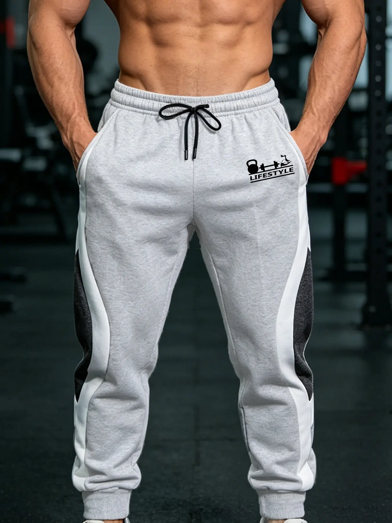 Men's Color Block Gym Trousers Curved Splicing Sweatpants with Side Pockets Elastic Drawstring Waist Streetwear Daily Casual Training Pants Athletic Fitness Barbell Text Graphic Print