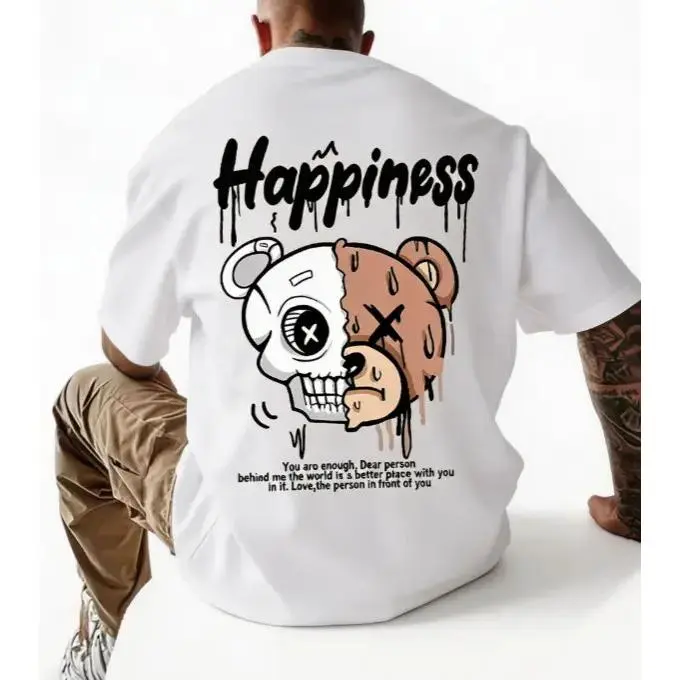 Unisex Happiness Drip Font Half Skull Half Bear Split Face Graphic T-Shirt, Vintage Printed Craft SummerVibes Casual Top, Streetwear Dripping Graffiti Bear Skull Tee For Men Women, Lightweight Edgy Y2K Urban Art Summer Daily Outfit