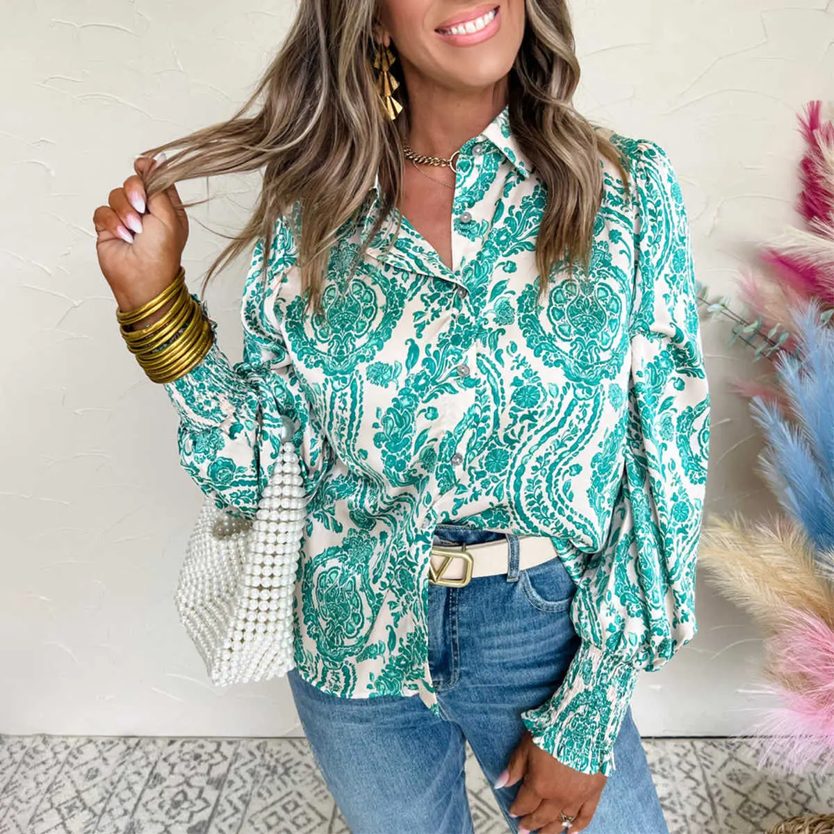 Women's Paisley Print Blouse, Gorgeous and Comfortable Loose Fit Button Down Top with Smocked Cuffs, Long Sleeve