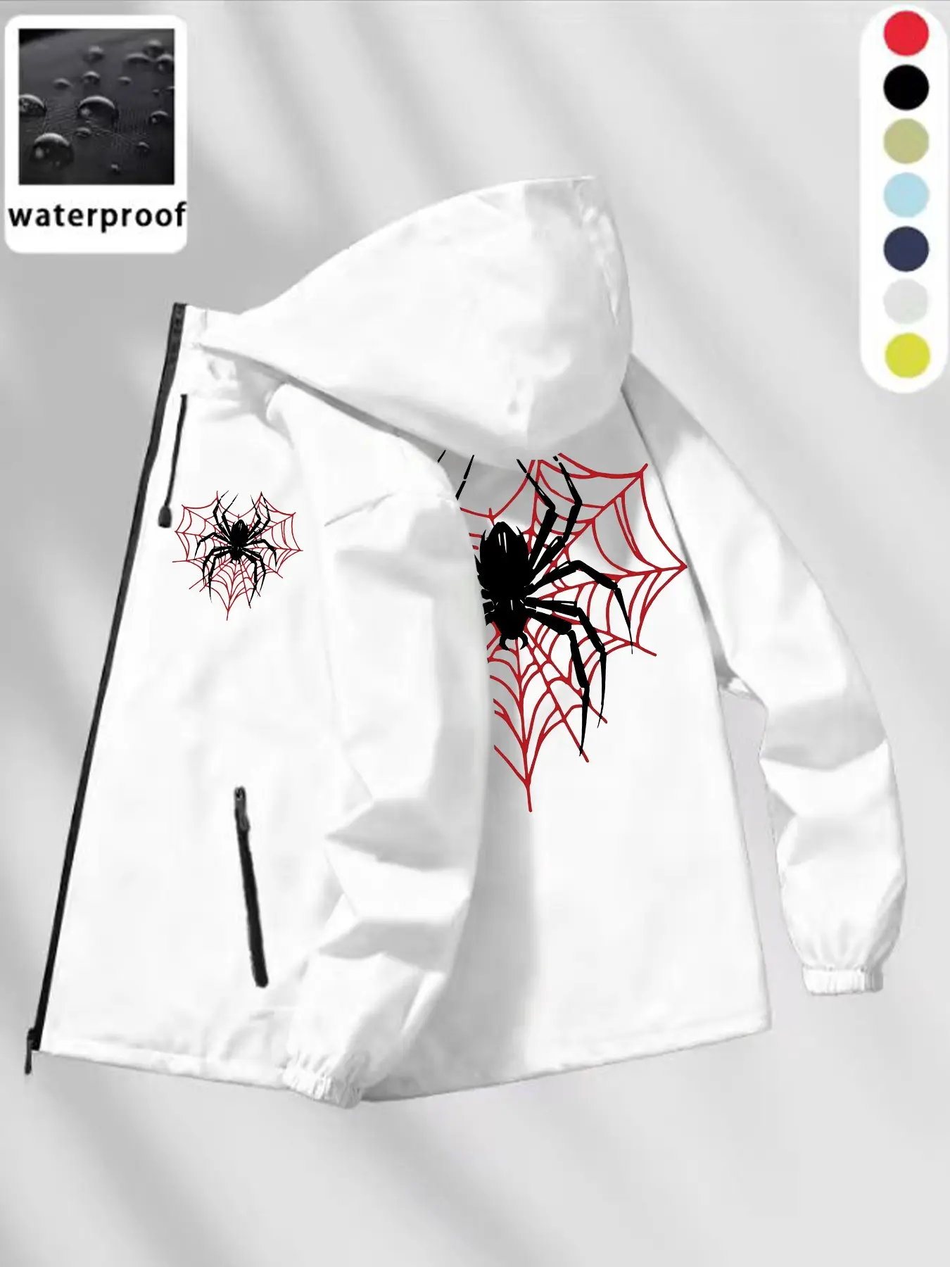 Men's Hooded Waterproof Hardshell Jacket, Gothic Spider Web Print, Zippered Pockets, Windproof, Outdoor Hiking, Casual Streetwear, Multiple Colors, Streetwear Jackets