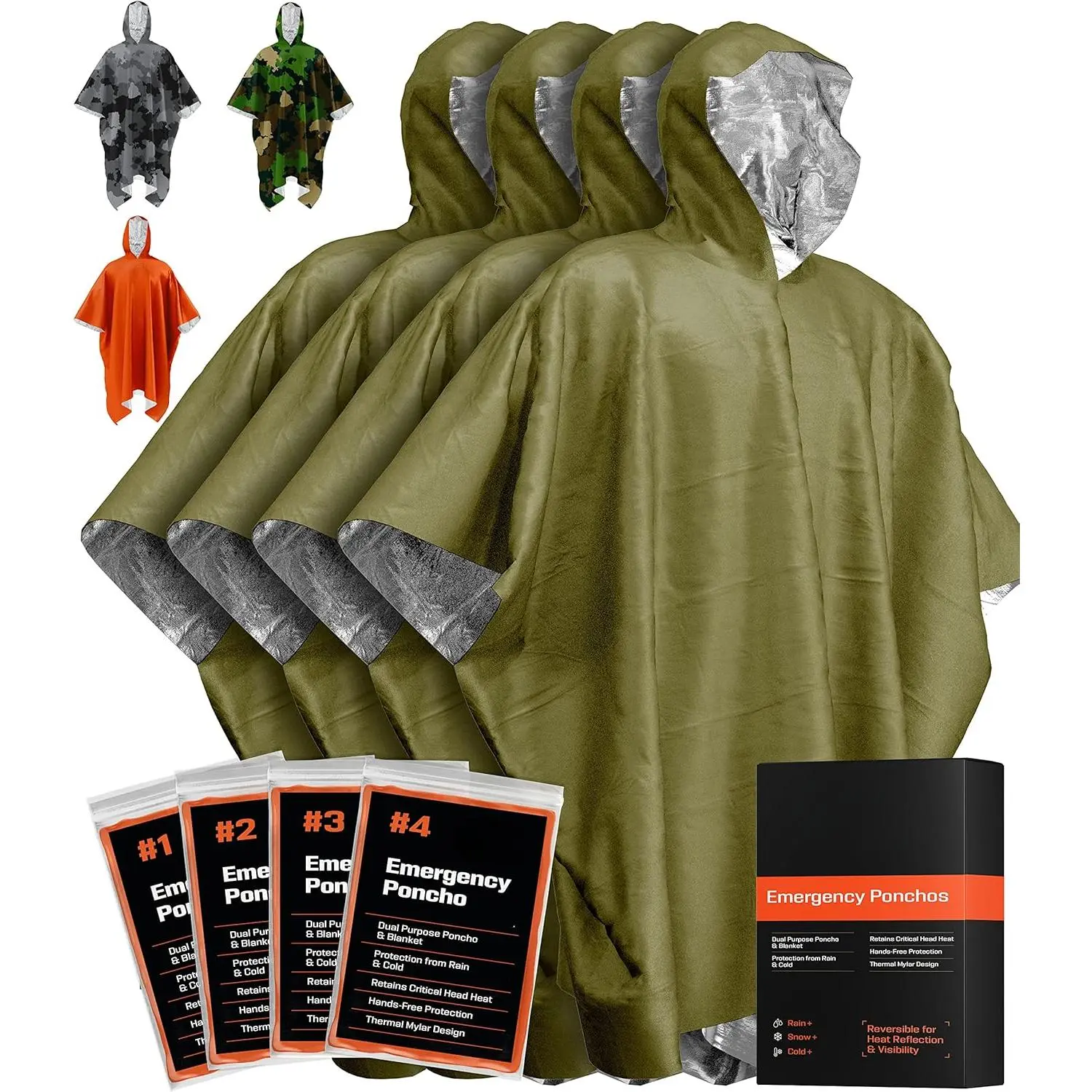 Emergency Mylar Poncho – Survival Rain Poncho with Hood – Lightweight, Compact, Reusable Emergency Blanket Poncho  Hiking, Camping, Thermal Gear, Car Kit, Outdoors New model