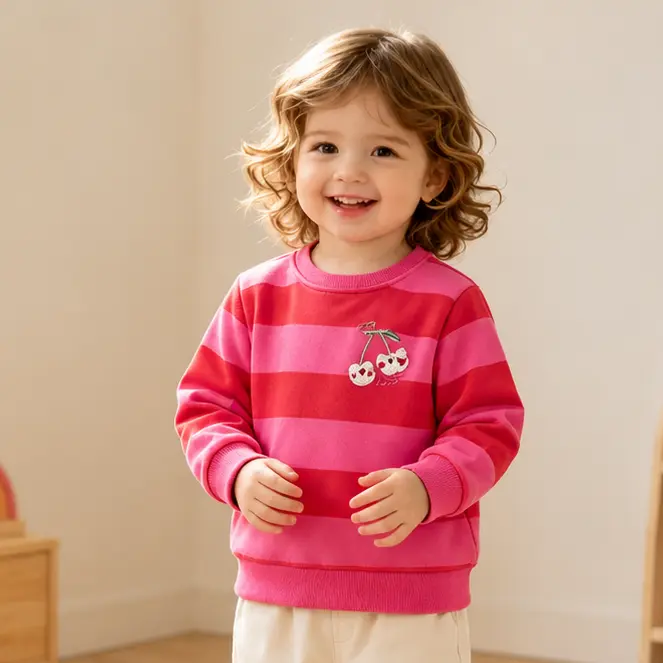 （Please Check Size Chart）Toddler Girls Berry Sweet Cherry Graphic Striped Sweatshirt, Cute Long Sleeve Crewneck Pullover, Casual Cozy Kids Top for Fall, School, Playdates, Travel and Daily Wear