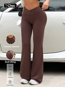 Vintage Solid Color Cross Waist Flare Fitness Pants, High Waist V-Back Butt Lifter, Soft Naked Feel, Daily Commute Yoga Long Pants
