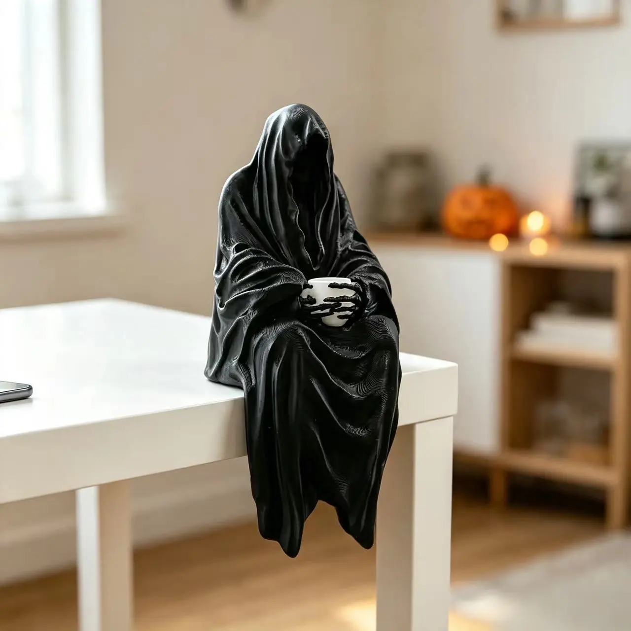 Halloween Tea Cup Holding Grim Reaper Statue, 3D Printed Gothic Decor, Skull Design, Halloween Horror Display, Craft Ornament