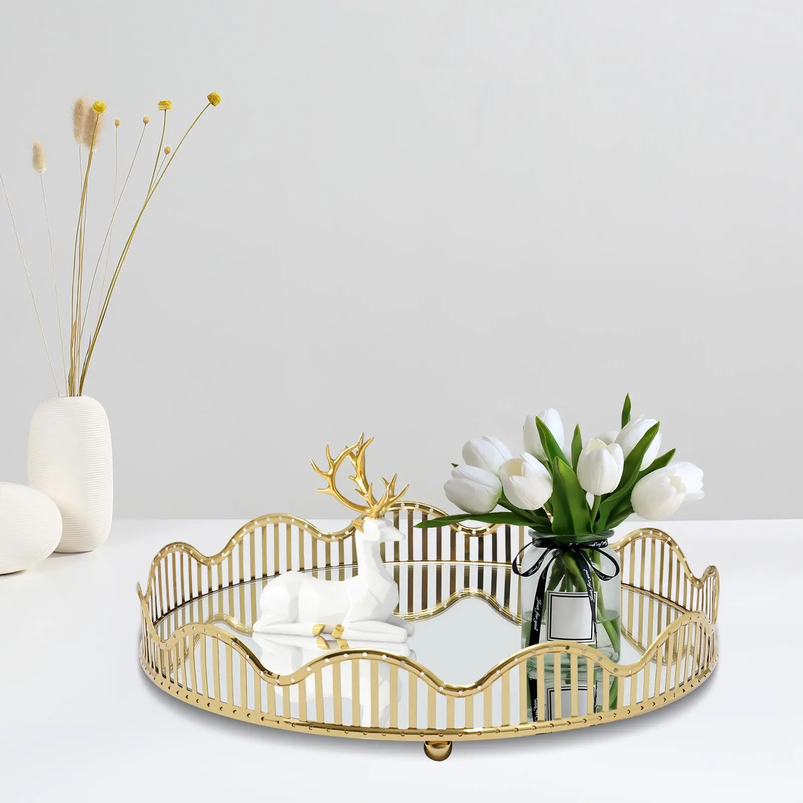Curve Gold Glass Mirror Centerpieces Perfume Holder Decorative Organizer and Storage Makeup Bathroom Tray Home Vanity for Dresser Coffee Table Bedroom Living Room Racks bathroom counter organizer