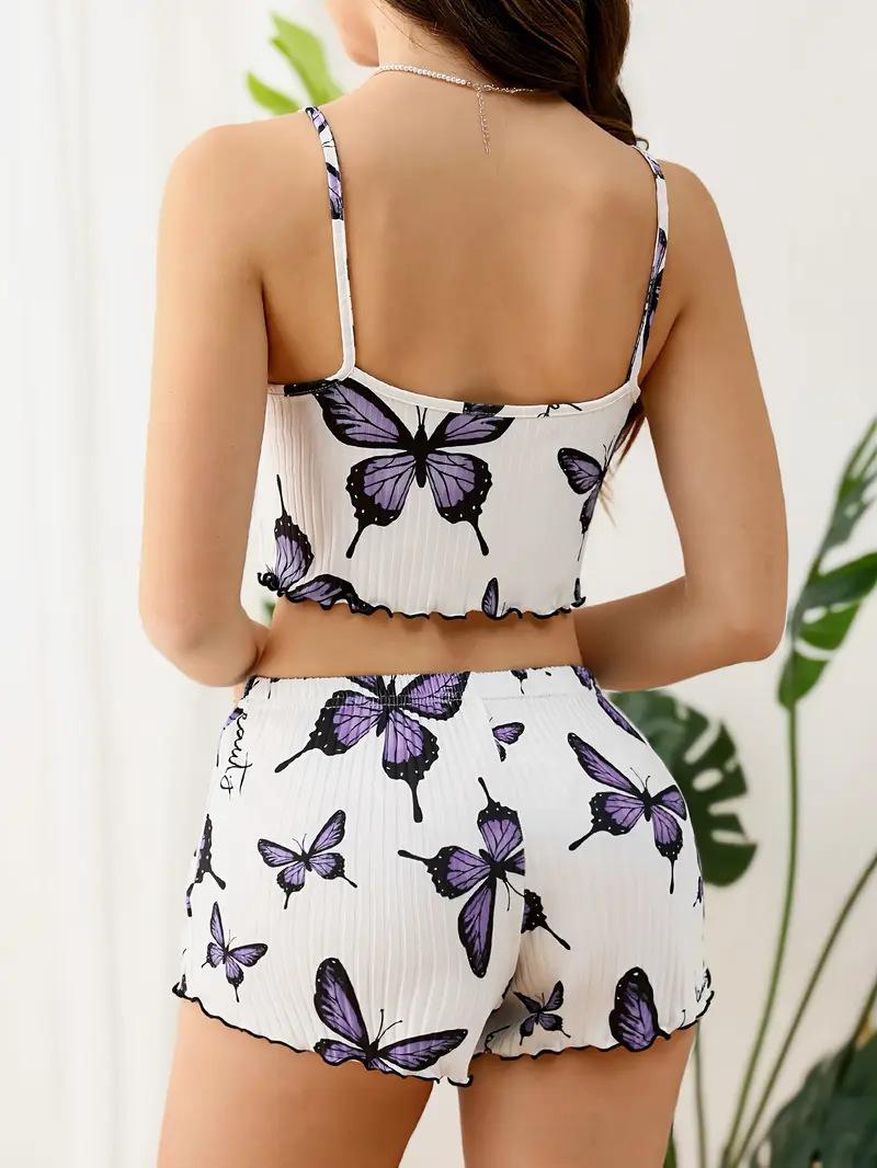 Butterfly Print Two-Piece Set Suspender Top and Shorts Pajama Outfit Stylish Women's Loungewear with Adjustable Suspenders for Indoor and Casual Outdoor Wear